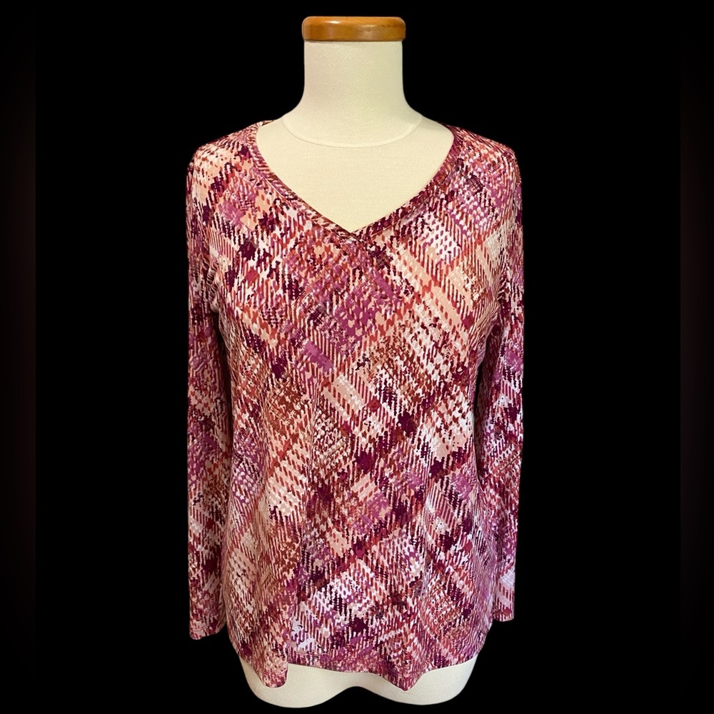 Susan Graver Liquid Knit Deconstructed Plaid Houndstooth Print Long Sleeve VNeck